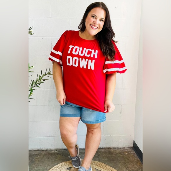 Stand Out Red "TOUCHDOWN" Sequin Bubble Sleeve Game Day Top - Picture 3 of 10